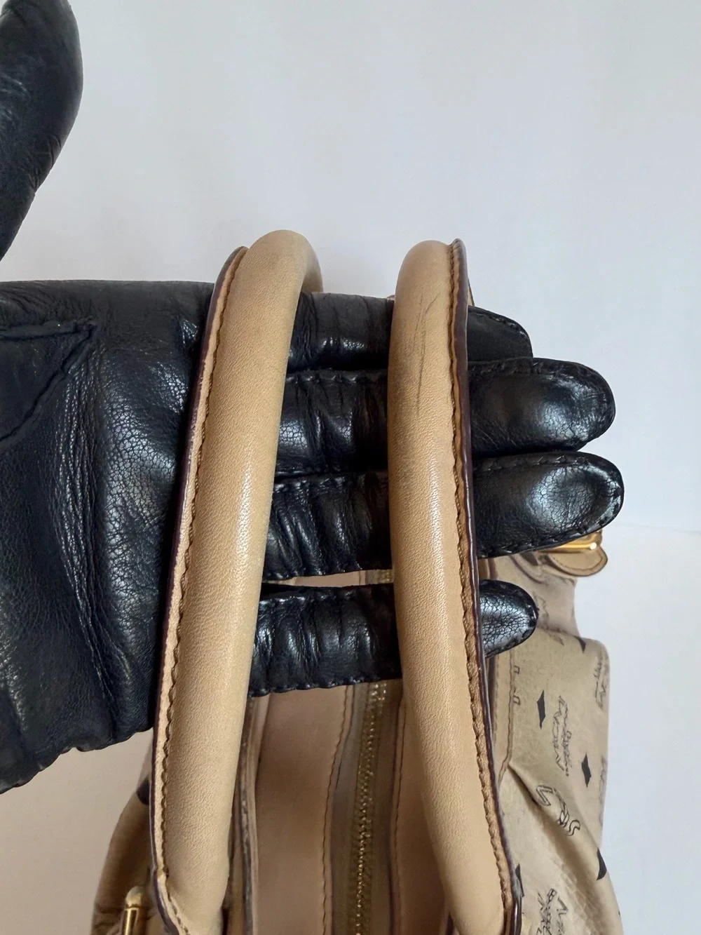 MCM Tan Beige Logo Satchel with Gold Hardware